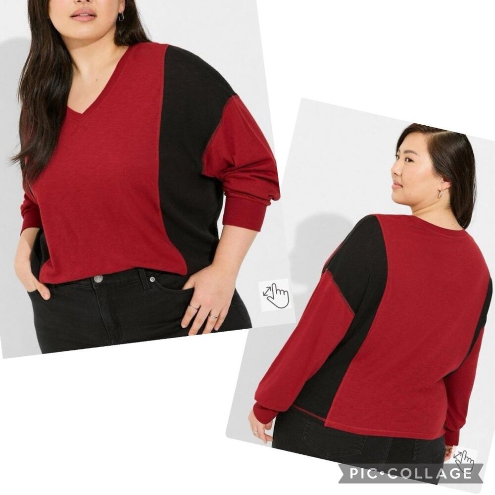 Colorblock V-Neck Pullover Sweater - Red & Black